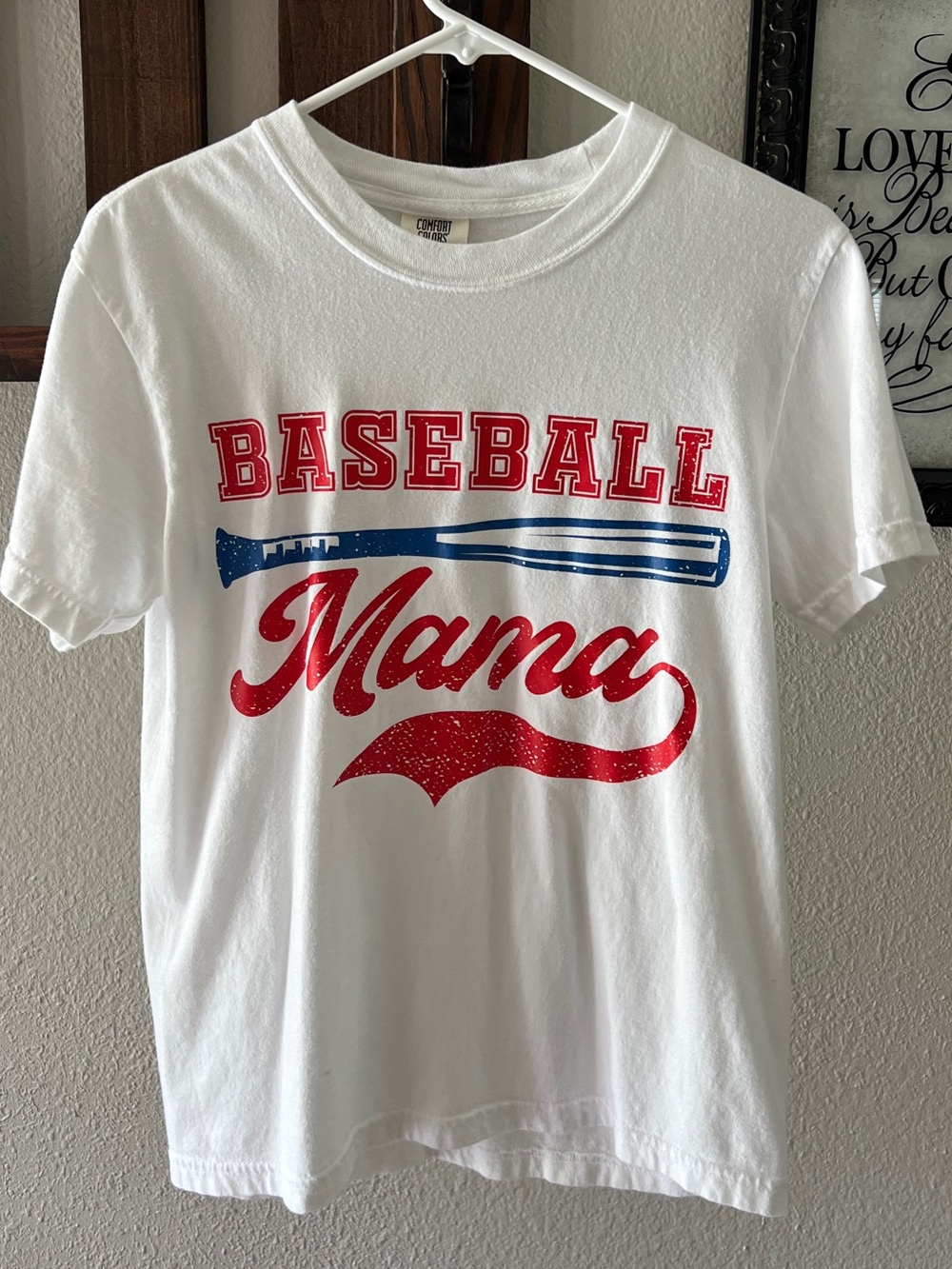 Womens Baseball Mama Graphic Tee - White with Red & Blue Print